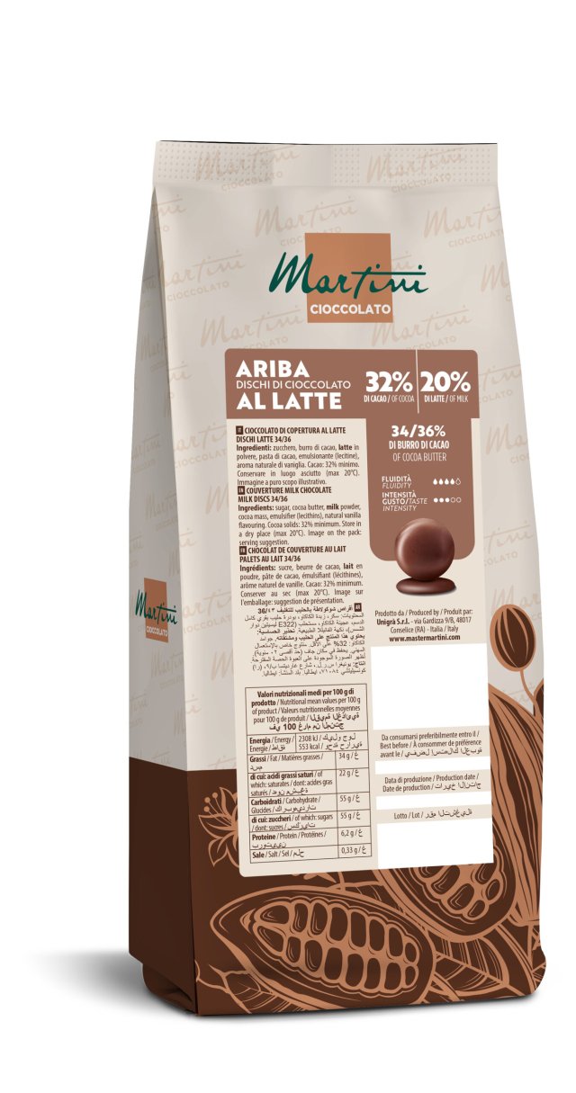 Saco em pé com discos de chocolate ao leite Martini Ariba, 32% cacau, embalagem com estampa de grãos de cacau