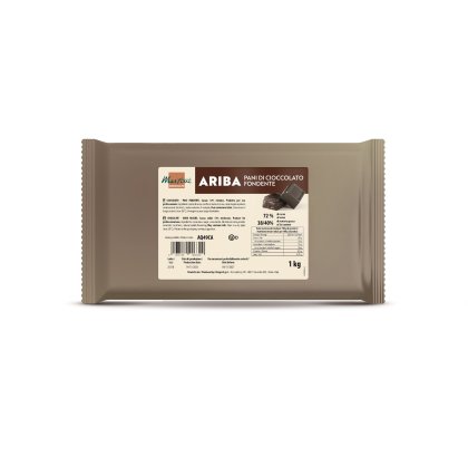 Embalagem de 1kg de chocolate amargo Martini Ariba (Pani di Cioccolato Fondente), 72% cacau, fundo branco.