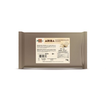 Blocos de chocolate branco Marchesi Ariba de 1kg, embalagem bege com rótulo nutricional.