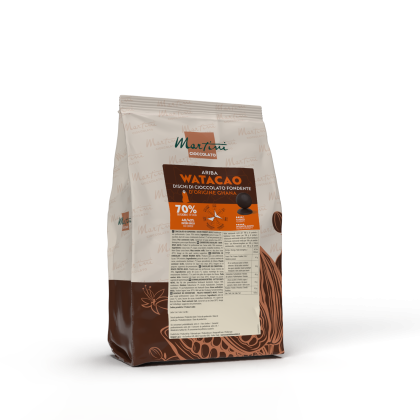 Pacote de discos de chocolate amargo 70% Martini Cioccolato Ariba Watacao de Gana, fundo branco.