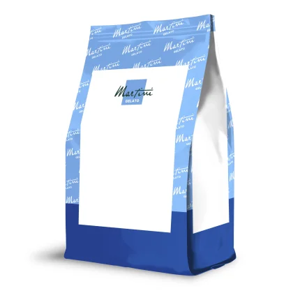 Mockup de embalagem stand-up azul e branca com logo 'Martini Gelato' em rótulo em branco, modelo de embalagem