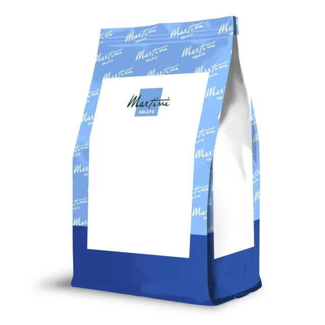 Mockup de embalagem stand-up azul e branca com logo 'Martini Gelato' em rótulo em branco, modelo de embalagem