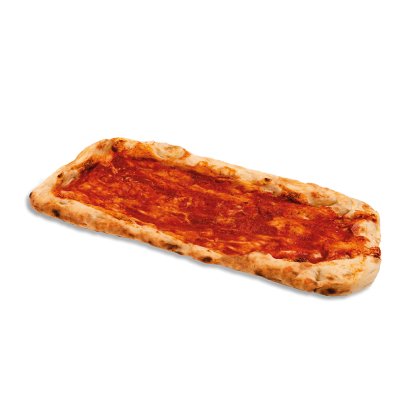 Pizza retangular tipo flatbread com molho de tomate e crosta dourada assada, fundo branco.