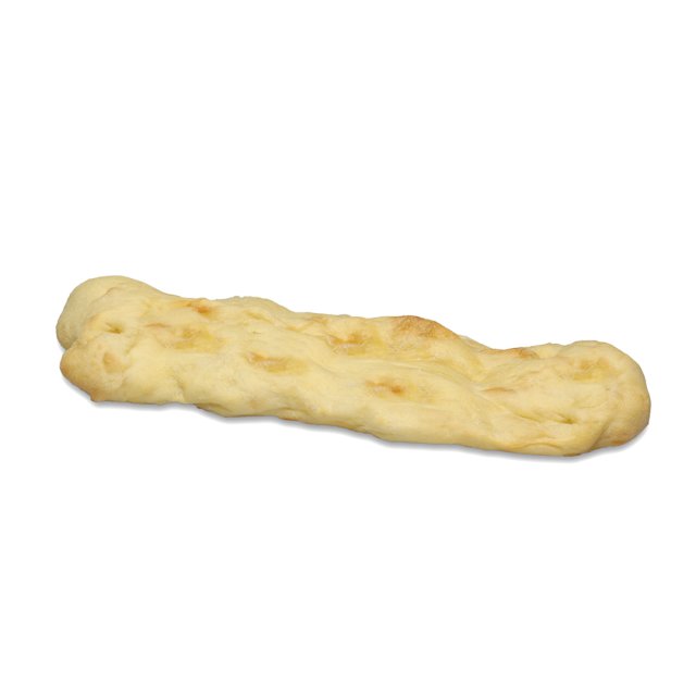 Baguete longa e macia com casca dourada clara, disposta na diagonal sobre fundo branco.