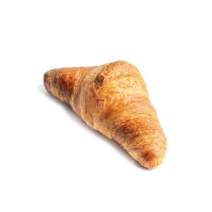 Croissant dourado e crocante com textura folhada em camadas, sobre fundo branco.