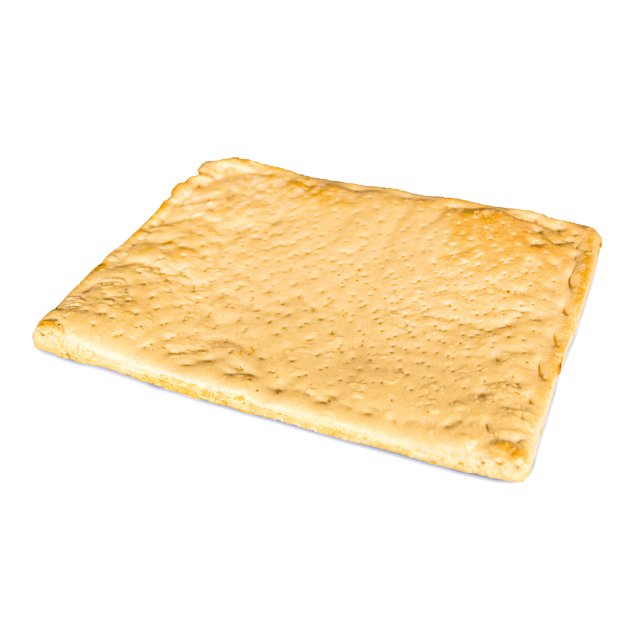 Cracker retangular dourado tipo flatbread com superfície texturizada e pontilhada, fundo branco.