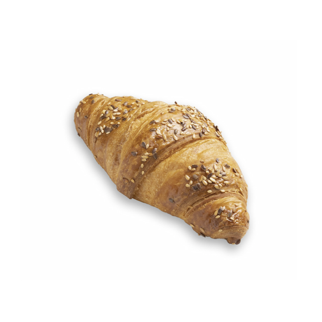 Croissant dourado e crocante coberto com mix de gergelim e sementes de papoula, fundo branco