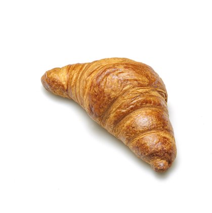 Croissant dourado, crocante, em formato de meia-lua, sobre fundo branco.