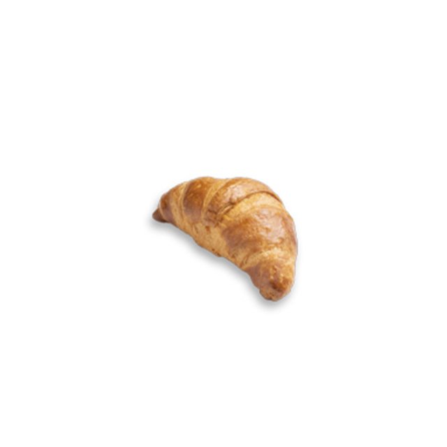 Croissant dourado com formato curvo e crocante, em fundo branco.