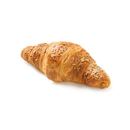 Croissant multigrãos dourado, coberto com semente e aveia, sobre fundo branco.