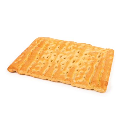 Cracker retangular dourado com furos de encaixe e bordas onduladas, sobre fundo branco