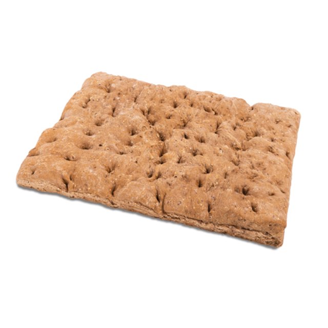 Cracker retangular de trigo integral com superfície perfurada, em fundo branco.