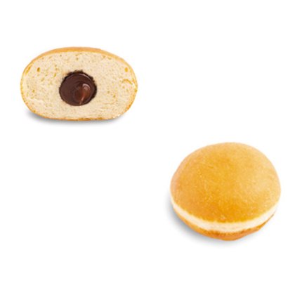 Rosquinha recheada dourada e redonda, inteira e cortada ao meio revelando recheio de chocolate