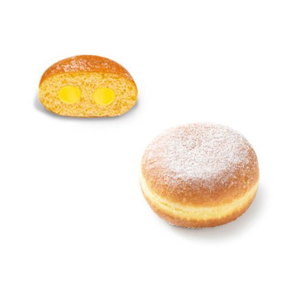 Rosquinha polvilhada com açúcar de confeiteiro ao lado de um corte mostrando dois bolsões de recheio de creme amarelo.