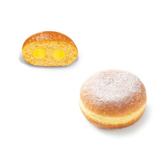 Rosquinha polvilhada com açúcar de confeiteiro ao lado de um corte mostrando dois bolsões de recheio de creme amarelo.