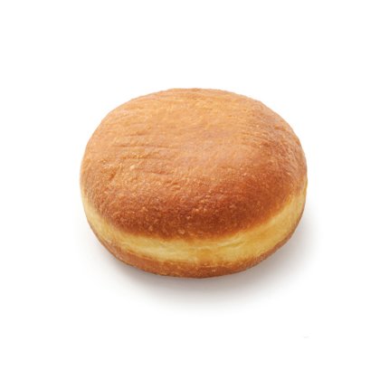 Rosquinha recheada redonda dourada sem furo, sem glacê, em fundo branco liso.