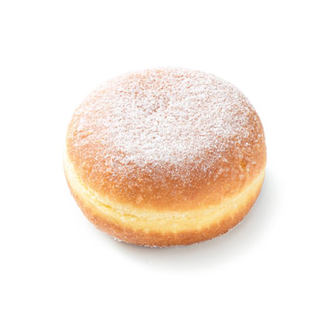 Donut redondo recheado, dourado, polvilhado com açúcar de confeiteiro, fundo branco