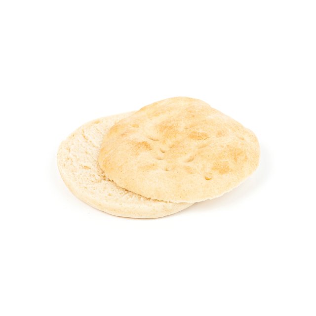 Dois pães achatados redondos com topo dourado empilhados levemente desalinhados em fundo branco