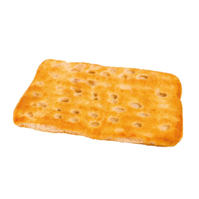 Fatia retangular de focaccia com crosta dourada e superfície com covinhas, em fundo branco.