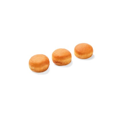 Três donut holes simples, sem recheio ou cobertura, dispostos na diagonal sobre fundo branco.