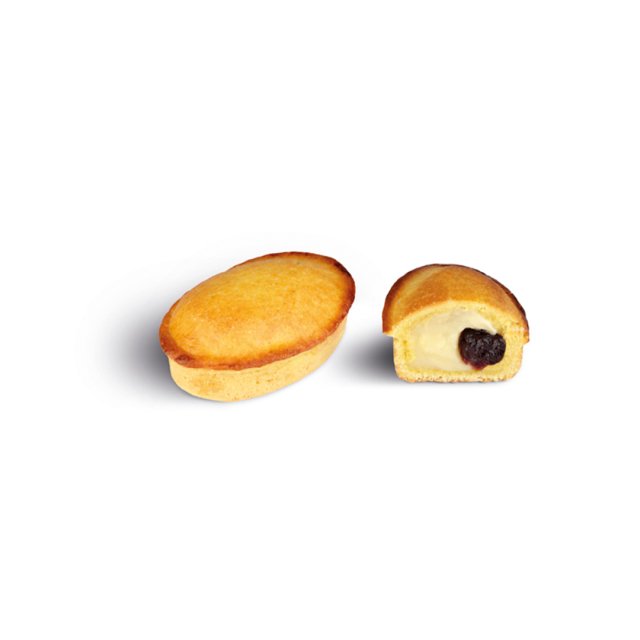 Dois pães de ló ovais, um inteiro e outro cortado revelando recheio de creme com fruta escura ao centro.