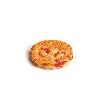 Mini pizza redonda com queijo derretido e molho de tomate, borda dourada, fundo branco