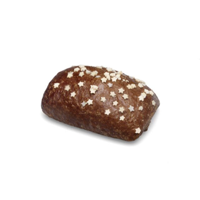 Mini pão de gengibre glaceado coberto com granulado de açúcar em formato de estrela, fundo branco