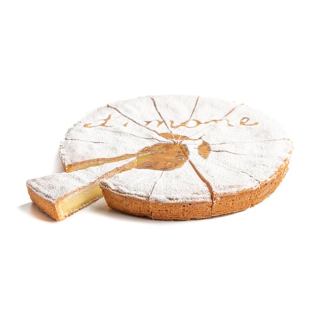 Bolo de limão redondo polvilhado com açúcar de confeiteiro, com "limone" escrito em cursiva, com uma fatia cortada e ...