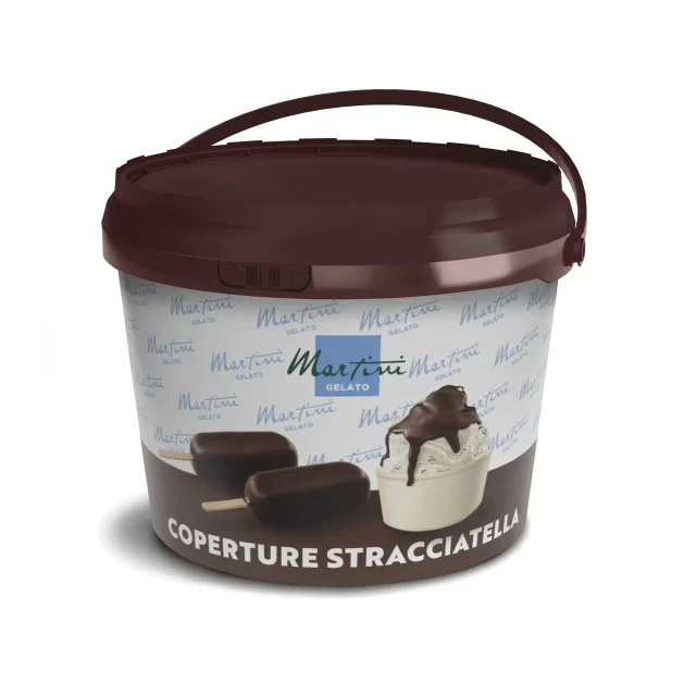 Balde plástico marrom de cobertura de chocolate Martini Gelato rotulado "Coperture Stracciatella", com barra banhada ...