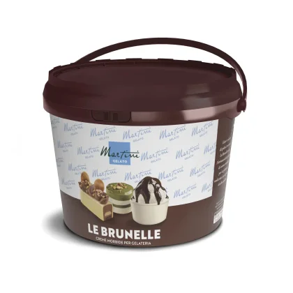 Balde plástico marrom rotulado "Martini Gelato Le Brunelle" com imagens de gelato de chocolate e pistache.