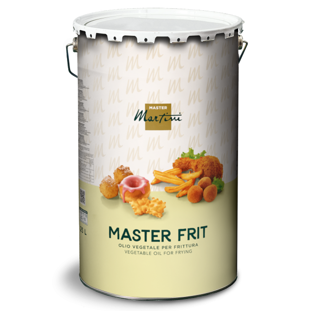 Lata metálica de óleo de fritura Master Martini "Master Frit", rótulo bege com imagens de frituras, 25L