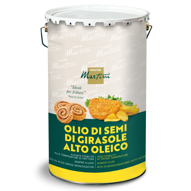 Balde metálico de óleo de girassol alto oleico Master Martini, indicado para fritura, com imagens de frituras