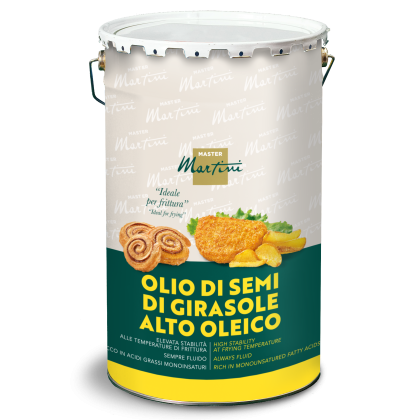 Balde metálico de óleo de girassol alto oleico Master Martini, indicado para fritura, com imagens de frituras