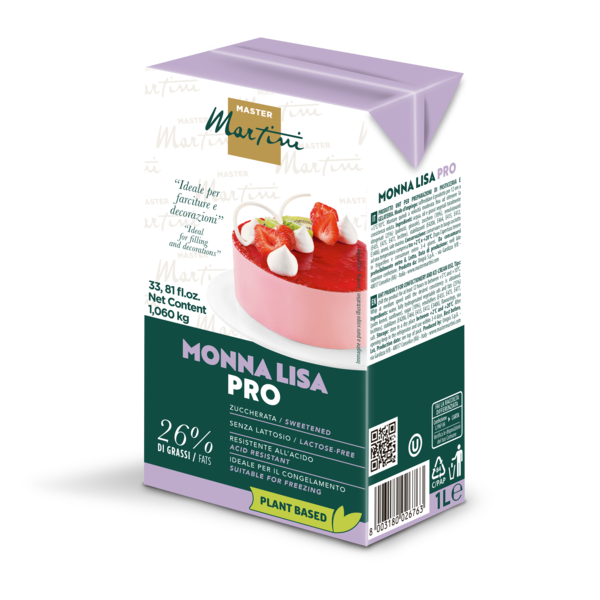 Chantilly vegetal Master Martini Monna Lisa Pro, caixa de 1L, sem lactose, com imagem de bolo de morango