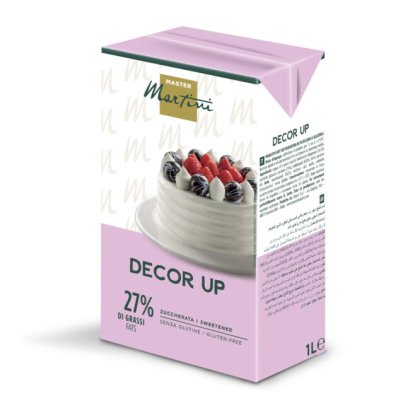 Creme de leite chantilly adoçado Master Martini Decor Up 1L, 27% de gordura, sem glúten, embalagem rosa com imagem de...