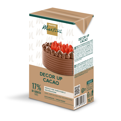 Master Martini Decor Up Cacao 1 litro, produto de chocolate adoçado com 17% de gordura para decorar e rechear bolos