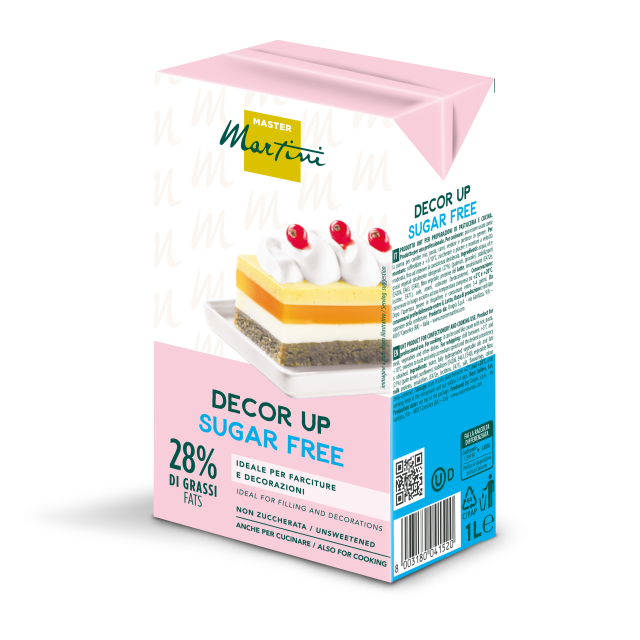 Creme Master Martini Decor Up Sem Açúcar de 1 litro, 28% de gordura, embalagem rosa com fatia de bolo em camadas.