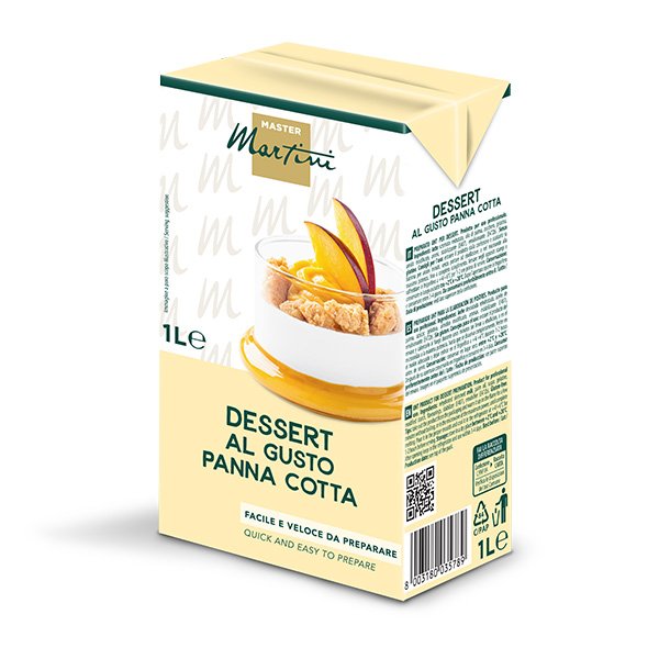 Mistura para sobremesa sabor panna cotta Master Martini, embalagem de 1L amarelo-claro com foto de pêssego
