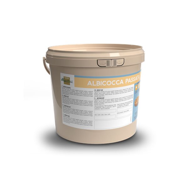 Balde plástico bege rotulado "Albicocca Passata" purê de damasco, com texto informativo na frente.
