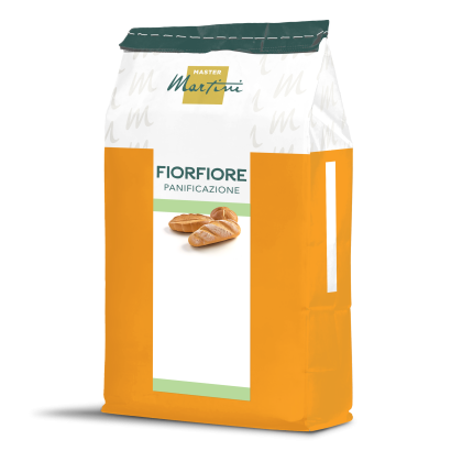 Pacote de farinha Master Martini Fiorfiore Panificazione laranja e branco com imagens de baguete no rótulo