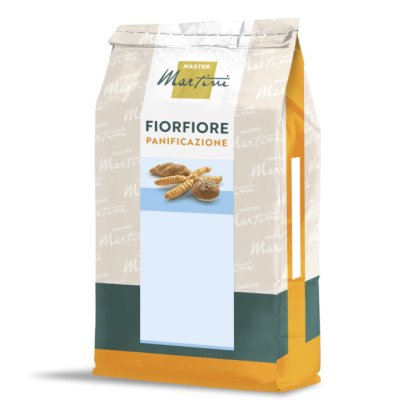 Pacote de mistura para pão Master Martini Fiorfiore Panificazione, embalagem bege com base laranja e imagens de pães.