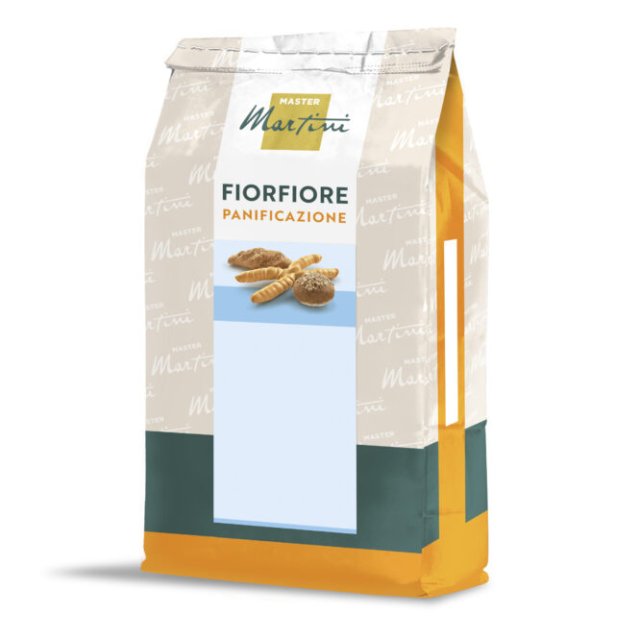 Pacote de mistura para pão Master Martini Fiorfiore Panificazione, embalagem bege com base laranja e imagens de pães.