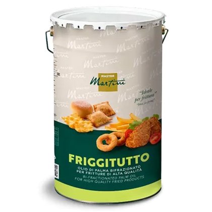 Balde metálico de óleo de palma bifracionado Master Martini Friggitutto, rótulo verde com imagens de frituras.
