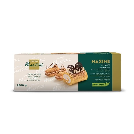 Caixa de Creme Master Martini Maxime, 2500g, recheio vegetal para confeitaria, com rolo de creme e frutas vermelhas.