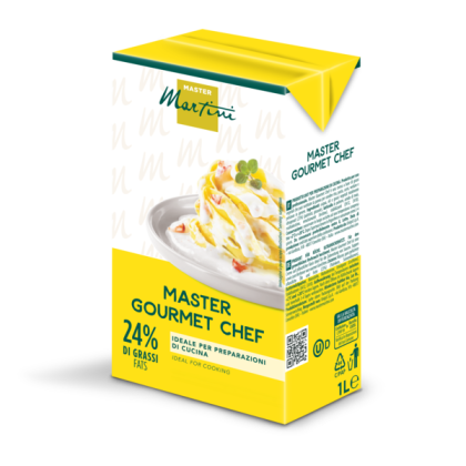 Caixa amarela de 1L de creme culinário Master Martini Gourmet Chef, 24% de gordura, com imagem de massa no rótulo.