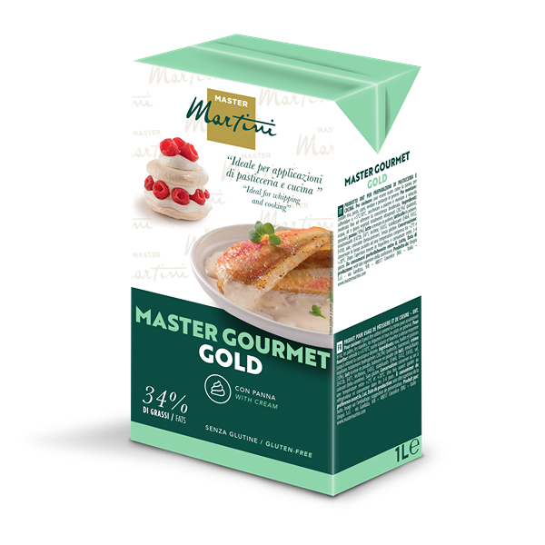 Caixa de 1L do creme de leite culinário Master Martini Master Gourmet Gold, 34% de gordura, sem glúten, com imagens d...