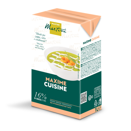 Caixa de 1L de crème de leite culinário Master Martini Maxime Cuisine, 16% de gordura, com sopa verde no rótulo.