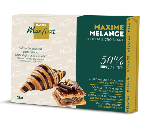 Caixa Master Martini Maxime Melange 2kg, mistura para folhado com 50% manteiga, com imagens de croissant e doces.