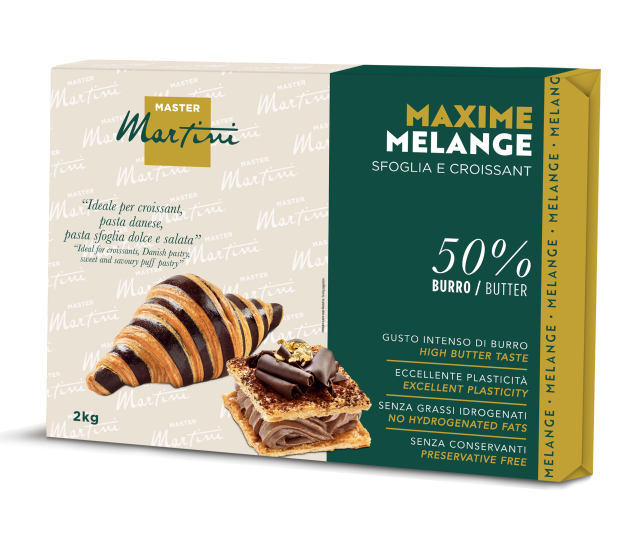 Caixa Master Martini Maxime Melange 2kg, mistura para folhado com 50% manteiga, com imagens de croissant e doces.