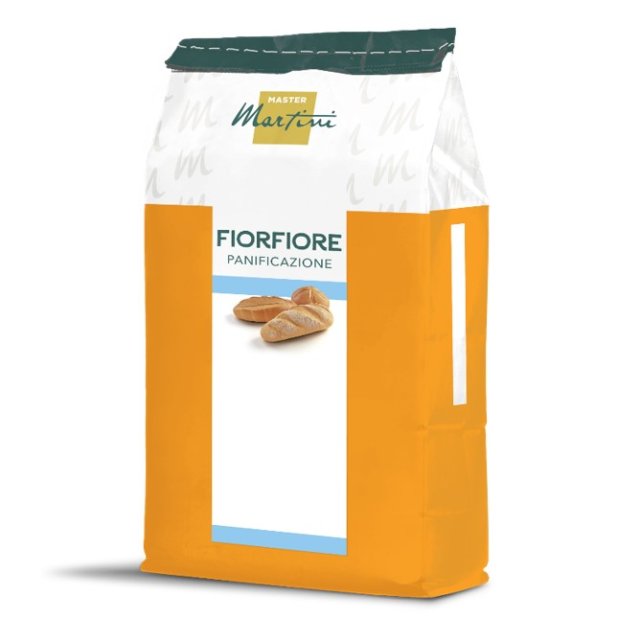 Pacote laranja e branco de farinha Master Martini FiorFiore Panificazione com pães na etiqueta.